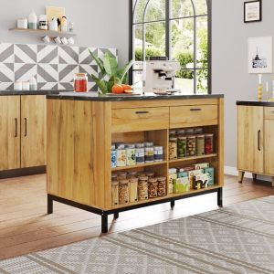 Desserte de cuisine 120x75x90 cm, style campagnard &ndash; &Icirc;lot de cuisine avec 2 tiroirs, 4 &eacute;tag&egrave;res ouvertes, finition bois de ch&ecirc;ne, plateau en marbre