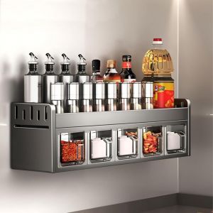 &Eacute;tag&egrave;re &agrave; &eacute;pices murale sans per&ccedil;age avec 5 pots &agrave; &eacute;pices, organisateur d'&eacute;pices, support mural en m&eacute;tal pour le rangement des &eacute;pices, des bo&icirc;tes et