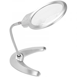 Loupe sur Pied Loupe de Lecture Pliante Réglable Loupe Grossissante Double Lentille 2 X 5X Supporte Loupe de Table Bureau avec 2 LED Lampes pour