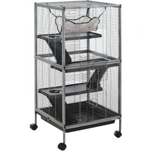 PawHut Cage pour Petits Animaux Portable &agrave; 4 Niveaux Cage Chinchilla Cage Furet avec Roulettes, 2 Portes, 3 Rampes, Hamac et Plateau Amovible, 52 x
