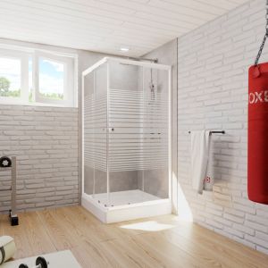 Schulte - Accès d'angle droit 75-90 x 175 cm, portes de douche coulissantes, Sunny décor rayures horizontales, verre 4 mm, profilé blanc