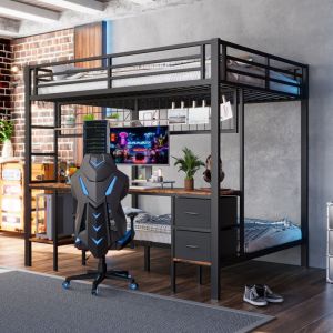 Lit mezzanine modulable 90x200/140x200 cm - Bandes LED RGB (7 couleurs) et ports USB (sans matelas) - Noir
