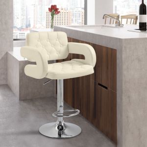 Tabouret de bar pivotant chaise de bar r&eacute;glable en hauteur avec dossier repose-pieds et accoudoirs 61x50x94-114cm blanc