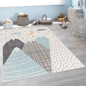 Paco Home - Tapis Enfant Tapis Chambre Enfant Fille Garcon Montagne Etoile Nuage Bleu 200 cm rond