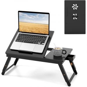 Costway - Table de Lit Pliable 53 x 33 cm, Plateau de Lit en Bambou avec Pieds Réglables et Plateau Inclinable, Support d'Ordinateur Portable avec