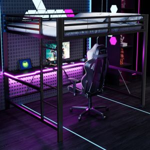 Lit mezzanine gaming 160x200 cm &ndash; M&eacute;tal, &eacute;clairage LED, station USB et bureau &ndash; Noir