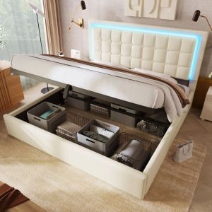 Lit rembourr&eacute;, lit coffre, sommier &agrave; lattes, lit double avec LED, cadre de lit 160x200 cm, couvre-lit fonctionnel en simili cuir blanc, sans matelas