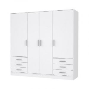 Armoire 4 portes battantes + 6 tiroirs - Bois agglomÈrÈ - Blanc mat - L 206,5 x P 60 x H 200 cm - JUPITER