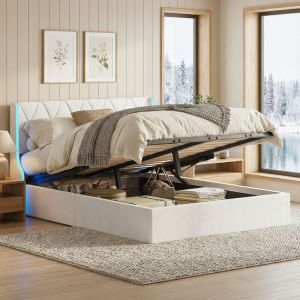 Lit coffre 140x190, lit double capitonn&eacute; avec &eacute;clairage LED, lit avec rangement en velours, t&ecirc;te de lit design g&eacute;om&eacute;trique, lit adulte avec sommier,