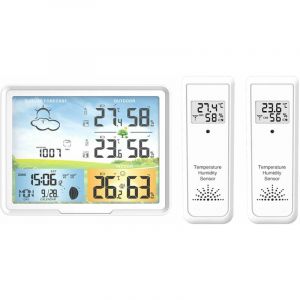 Station météo sans fil avec 2 capteurs extérieurs, Horloge radio Réveil intérieur et extérieur Température et humidité de l'air Station météo sans