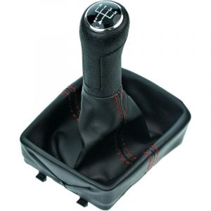 Pommeau et soufflet de levier de vitesse compatibles avec VW Polo 4 9N 2001-2009 - 5 vitesses - 12 mm - Noir rouge - avec cadre - Similicuir - Levier