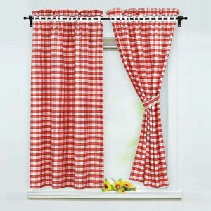 Lot de 2 rideaux occultantsavec 2 embrasses style maison de campagne, Polyester, rouge, BxH 80x120cm