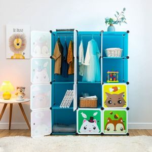Skecten - Armoire De Rangement Etagère Plastique Enfants, 12 Cubes Armoire Meuble de Chambre Pour Vêtements Chaussures Jouets Cartoon, Bleu