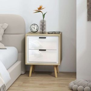 Table de chevet &eacute;troite, table d'appoint 2 tiroirs silencieux et pieds en bois massif, 40 x 35 x 50 cm, blanc brillant