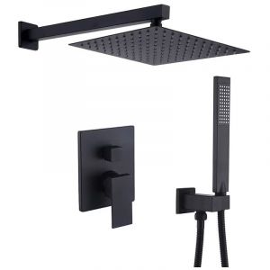 Colonne de douche encastrée Noir, Kit de Douche Complet Encastré avec Tête de Douche 20x20cm, Douchette, Ensemble Douche Encastrer