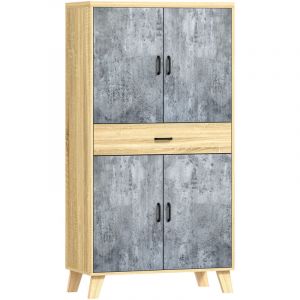 Buffet haut vaisselier - 4 portes 2 étagères tiroir - effet bois naturel béton ciré