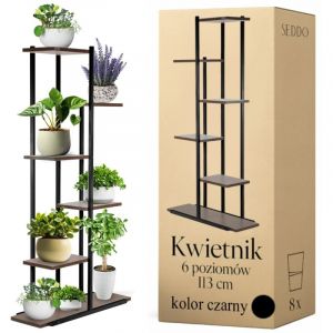 Jardini&egrave;re sur pied en m&eacute;tal, 6 &eacute;tag&egrave;res, noir, moderne, 113 cm, style loft