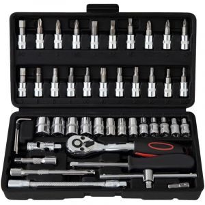 46 pcs Cr-V Kit de Cle plate a cliquet et Cl&eacute; &agrave; douille,Cl&eacute; &agrave; Cliquet 1/4" 72 dents,Cl&eacute; plate &agrave; cliquet avec Boite a outils