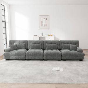 Canap&eacute; Modulable 4 Places,Tissu en Chenille,Cadre en Bois Massif,Assise profonde,4 Coussins lombaire + 2 Coussins d&eacute;coratifs,Gris