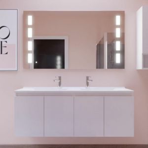 Cuisibane - Meuble proline 140 cm avec plan double vasque et miroir Prestige- Blanc - Blanc