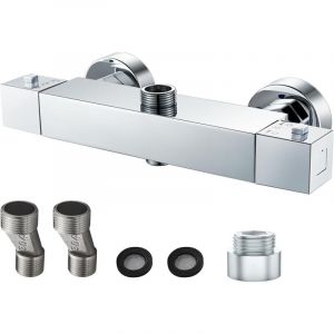 Mitigeur Douche Thermostatique 2 Sorties, Robinet de Douche en laiton, Carr&eacute; Mitigeur Thermostatique pour Douche & Colonne, Anti-br&ucirc;lure, Haut 3/4"