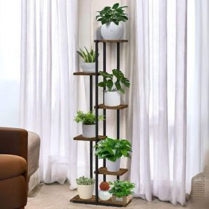 Dandibo - tagère à Fleurs Intérieur Métal Noir 6 Niveaux Bois 96581 Escalier à Fleurs Support pour Plantes Design Moderne