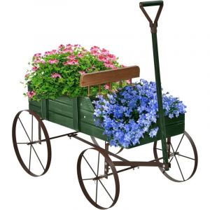 RELAX4LIFE Brouette D&eacute;corative en Bois avec 4 Roues en M&eacute;tal, Chariot &agrave; Fleurs avec Capacit&eacute; de Charge Jusqu'&agrave; 15 kg, Bac &agrave; Fleurs pour Jardin Balcon