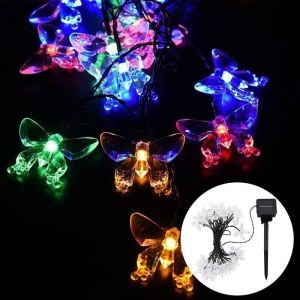 Guirlande lumineuse papillon solaire étanche à 20 LED pour extérieur, idéale pour clôtures, pelouses, jardins, fêtes, mariages, lumières colorées.