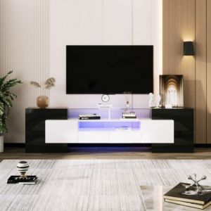 Meuble TV &eacute;l&eacute;gant, mod&egrave;le bas. Blanc et noir laqu&eacute;, 200 cm, &eacute;clairage LED. Mobilier de salon. Design moderne. Plateau en verre raffin&eacute;.