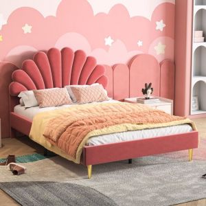 Lit double capitonné 140x190 cm, avec tête de lit fleurie, sommier à lattes, velours, style scandinave - Rouge