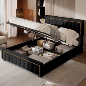 Lit coffre 140x200 cm, t&ecirc;te de lit textur&eacute;e verticale, cadre dor&eacute;, tissu velours, lit &agrave; rembourrage hydraulique, convient aux adultes et aux