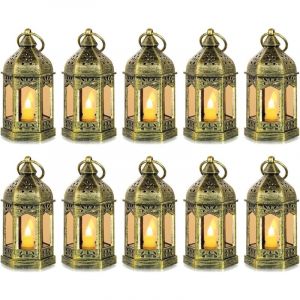 Mini Lanterne LED Exterieur - Lot de 10 Lanterne Bougie dor&eacute; Decorative Bougeoir pour Halloween, Mariage, Noel, Decoration de Table, Piles Incluses
