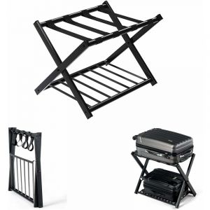 Costway - Porte Valise Support de Bagages Pliable 68x43x58 cm avec 2 Etages et 4 Sangles en M&eacute;tal Noir pour Chambre, Domicile, H&ocirc;tel