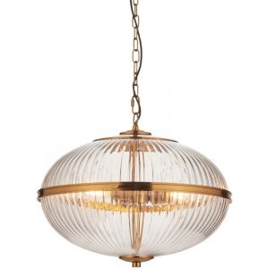 Endon Somerset Plafonnier suspendu sph&eacute;rique finition laiton vintage et verre stri&eacute; transparent 3x E14
