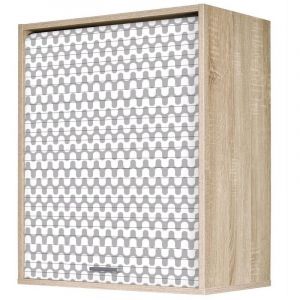 Meuble mural de cuisine ch&ecirc;ne clair &agrave; rideau imprim&eacute; vagues grises Couna L 60 x H 72cm