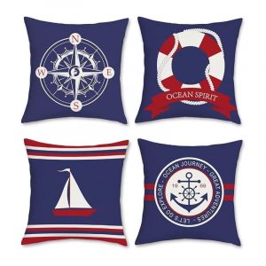 Lot de 4 Housse de Coussin 45 x 45 cm Nautique Ancre Boussole Voilier Bleu et Rouge Polyester Lin Décoratif Taie d'oreiller pour Canapé Lits Chaises