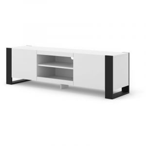 Bim Furniture &ndash; Meuble TV moderne 158 cm blanc mat &ndash; Panneau stratifi&eacute; 16 mm &ndash; Compartiments verrouillables &ndash; Pieds noirs ch&ecirc;ne artisan