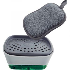 Distributeur de savon 2en1 Sponge Holder Venteo Distributeur Liquide Vaisselle - Porte &eacute;ponge - Eponge pour &eacute;vier de cuisine - Blanc et Gris