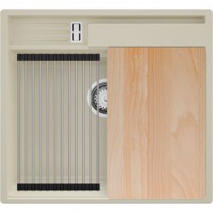 PRIMAGRAN Evier Cuisine en Granit 58x53cm,Lavabo 1 bac + Kit de Vidage + Accessoires, &Eacute;vier &agrave; Encastrer au meuble 60cm - Oslo Pocket, Beige