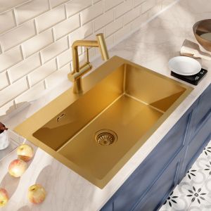 Timeless 68x45x21 cm &eacute;vier encastrable en inox 304 + mitigeur inox avec douchette extractible, or bross&eacute; (TMLKST-6845BG-M1) - Ceramia