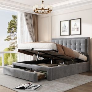 Lit coffre capitonné 140x190cm en velours - avec tiroir et sommier à lattes - Gris (sans matelas)