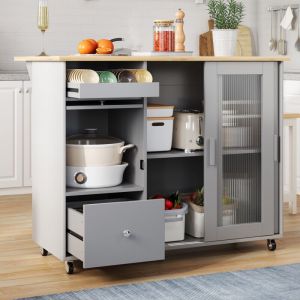 Desserte de cuisine 112x46-69x91cm, avec plateau en chêne pliable, casier à vin, tiroir, porte coulissante en verre trempé, étagères réglables,