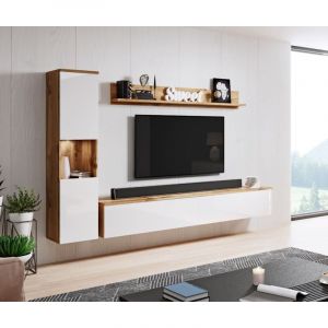 Bratex - Ensemble de meubles de salon Paris, &eacute;clairage led inclus, jeu de meubles de salon, meubles de salon modernes (wotan/blanc brillant)