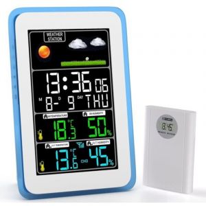 Station m&eacute;t&eacute;o sans fil int&eacute;rieure/ext&eacute;rieure - Thermom&egrave;tre, hygrom&egrave;tre, barom&egrave;tre avec capteur LED, &eacute;cran r&eacute;tro&eacute;clair&eacute; et horloge : 10 fonctions en