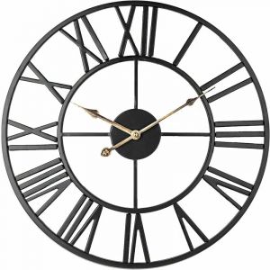 Horloge Murale Squelette Silencieuse, Chiffres Romains 40cm Grande Horloge Vintage En Métal pour Salon Cuisine Café Hôtel Chambre Décor (Noir-Or) Fei
