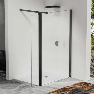 Paroi de douche &agrave; l&rsquo;italienne 30&times;200 cm avec d&eacute;flecteur pivotant 50&times;200 cm &ndash; Barre de fixation 90 cm recoupable &ndash; Verre tremp&eacute; &ndash; Noir mat