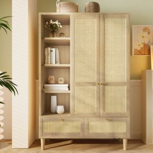 Armoire penderie 120x50x180 cm style campagne, 2 portes avec rotin, &eacute;tag&egrave;res ouvertes, 2 tiroirs, ch&ecirc;ne