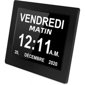 8 Pouces Horloge num&eacute;rique Horloge de Jour Grand &eacute;cran r&eacute;veil Horloge Murale horloge Alzheimer pour parents (Noir)