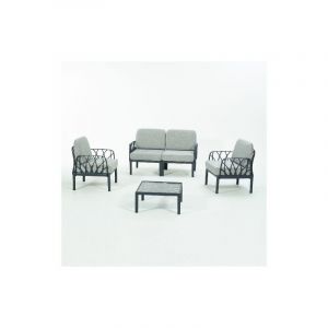 Salon de jardin Garda 1 canape' 2 places 2 fauteuils et 1 table basse en polypropyle'ne renforce' de fibre de verre anthracite avec coussins gris