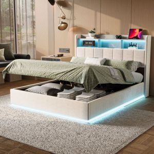 Lit coffre 160x200,lit 160x200,lit double capitonn&eacute;,lit adulte,avec sommier,LED r&eacute;glable et chargement USB,tissu en Velours,Blanc